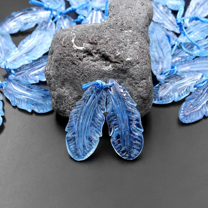 Intrinsic Trading Earrings AAA Hand Carved Natural Blue Aquamarine Feather Earring Pair Drilled Gemstone Matched Beads