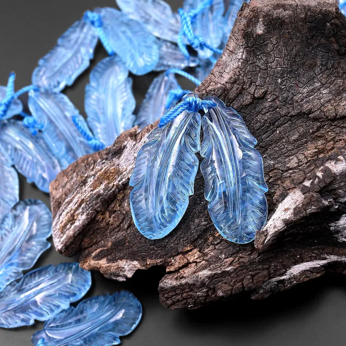 Intrinsic Trading Earrings AAA Hand Carved Natural Blue Aquamarine Feather Earring Pair Drilled Gemstone Matched Beads
