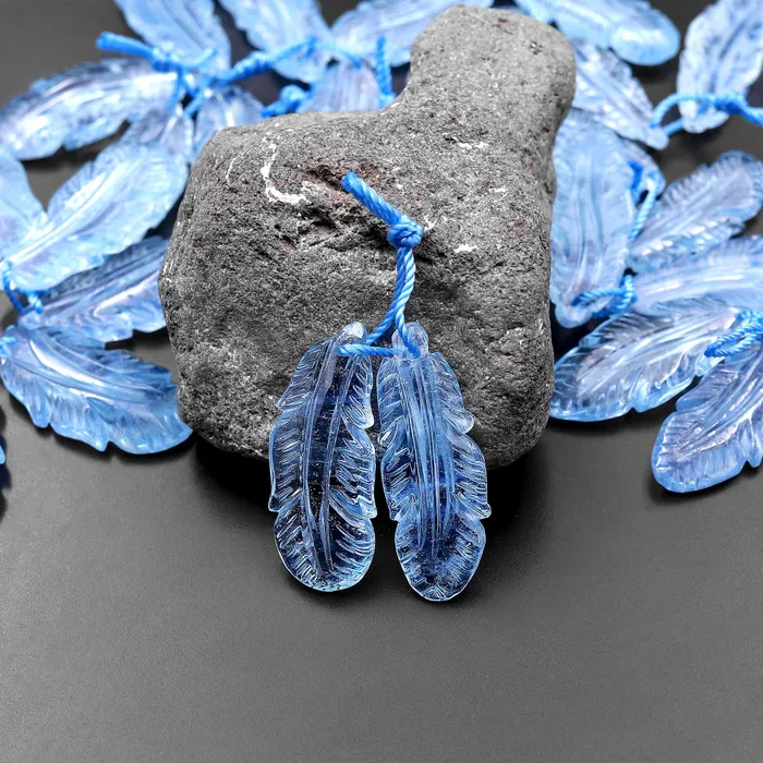Intrinsic Trading Earrings AAA Hand Carved Natural Blue Aquamarine Feather Earring Pair Drilled Gemstone Matched Beads