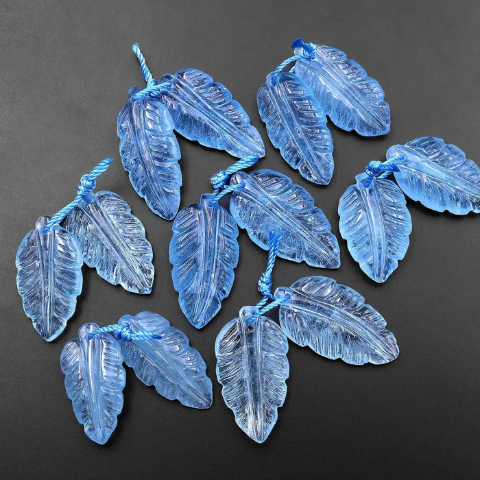 Intrinsic Trading Earrings AAA Hand Carved Natural Blue Aquamarine Feather Earring Pair Drilled Gemstone Matched Beads