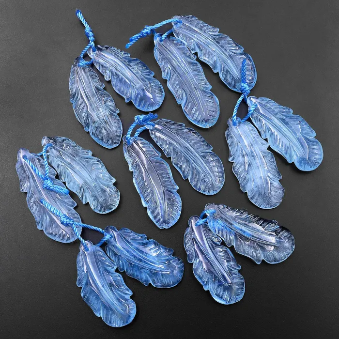 Intrinsic Trading Earrings AAA Hand Carved Natural Blue Aquamarine Feather Earring Pair Drilled Gemstone Matched Beads