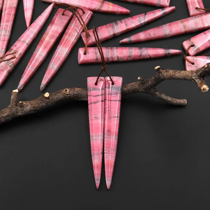 Intrinsic Trading Earrings AAA Natural Pink Rhodonite In Quartz Earring Pair Long Dagger Triangle Drilled Matched Gemstone Beads A5