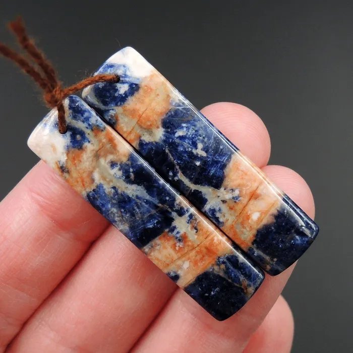 Intrinsic Trading Earrings African Orange Sodalite Rectangle Cabochon Cab Pair Drilled Matched Earrings Bead Pair Natural Stone E2598