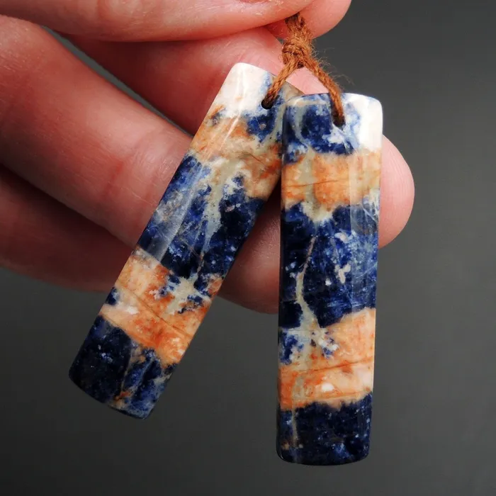 Intrinsic Trading Earrings African Orange Sodalite Rectangle Cabochon Cab Pair Drilled Matched Earrings Bead Pair Natural Stone E2598