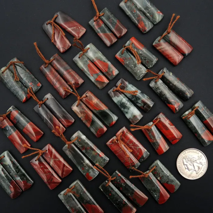 Intrinsic Trading Earrings Drilled Natural African Bloodstone Matched Cabochon Short Pair Rectangle Earring Beads
