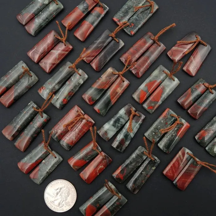 Intrinsic Trading Earrings Drilled Natural African Bloodstone Matched Cabochon Short Pair Rectangle Earring Beads