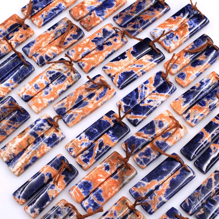 Intrinsic Trading Earrings Drilled Natural Orange Sodalite Rectangle Earring Pair Matched Gemstone Bead Pair Natural Vibrant Blue Orange Stone