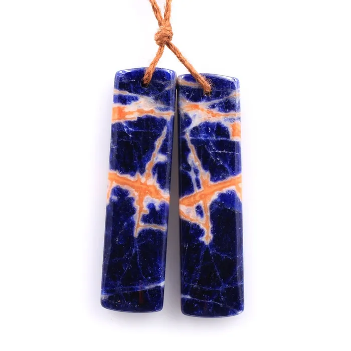 Intrinsic Trading Earrings Drilled Natural Orange Sodalite Rectangle Earring Pair Matched Gemstone Bead Pair Natural Vibrant Blue Orange Stone