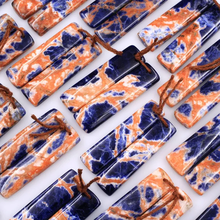 Intrinsic Trading Earrings Drilled Natural Orange Sodalite Rectangle Earring Pair Matched Gemstone Bead Pair Natural Vibrant Blue Orange Stone