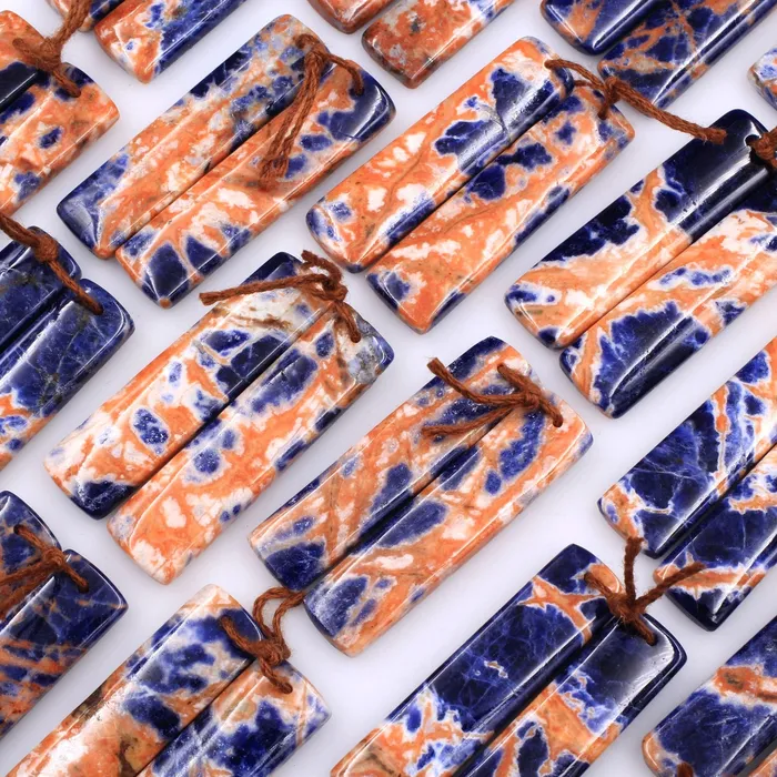 Intrinsic Trading Earrings Drilled Natural Orange Sodalite Rectangle Earring Pair Matched Gemstone Bead Pair Natural Vibrant Blue Orange Stone