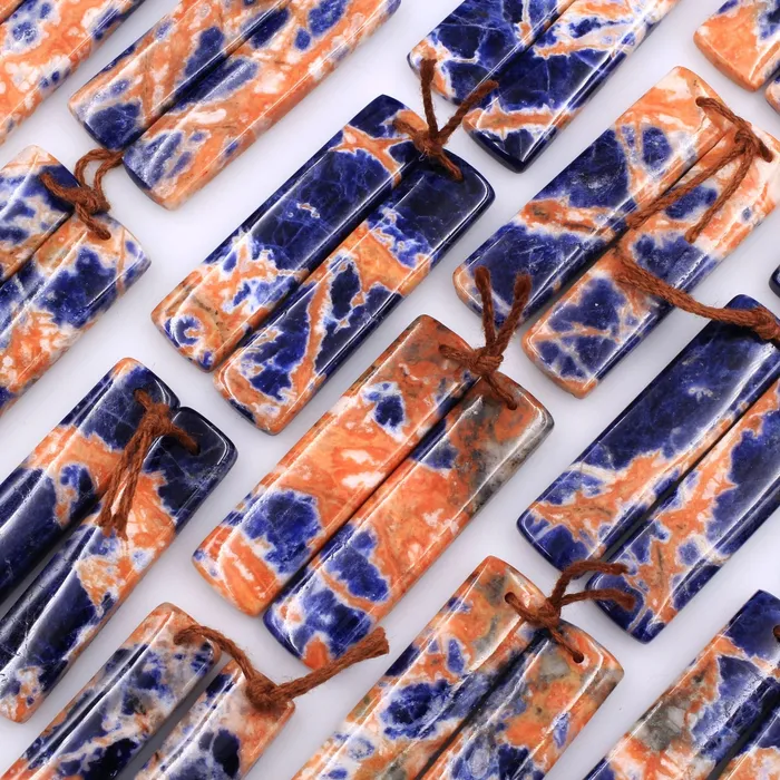 Intrinsic Trading Earrings Drilled Natural Orange Sodalite Rectangle Earring Pair Matched Gemstone Bead Pair Natural Vibrant Blue Orange Stone