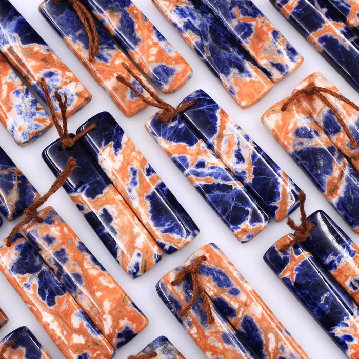 Intrinsic Trading Earrings Drilled Natural Orange Sodalite Rectangle Earring Pair Matched Gemstone Bead Pair Natural Vibrant Blue Orange Stone