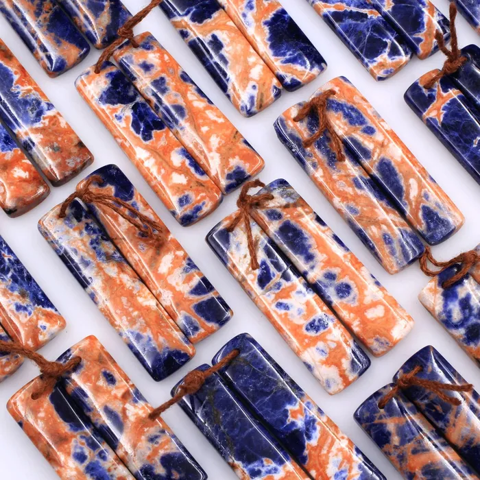 Intrinsic Trading Earrings Drilled Natural Orange Sodalite Rectangle Earring Pair Matched Gemstone Bead Pair Natural Vibrant Blue Orange Stone