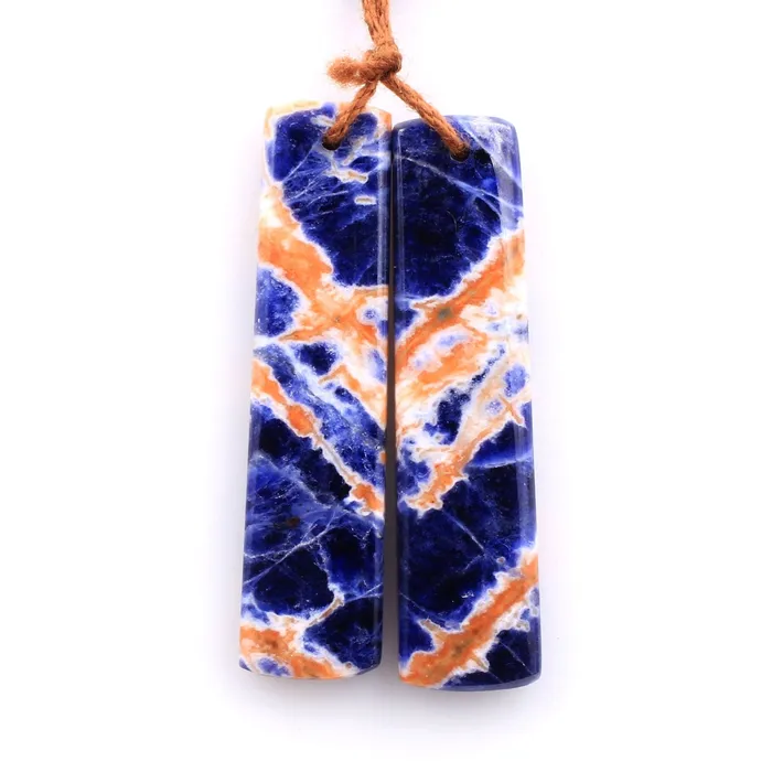 Intrinsic Trading Earrings Drilled Natural Orange Sodalite Rectangle Earring Pair Matched Gemstone Bead Pair Natural Vibrant Blue Orange Stone