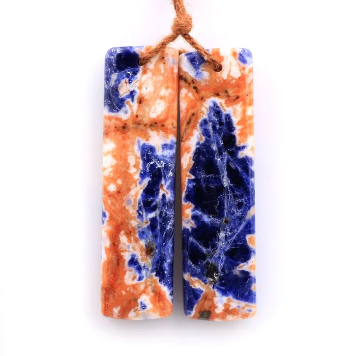 Intrinsic Trading Earrings Drilled Natural Orange Sodalite Rectangle Earring Pair Matched Gemstone Bead Pair Natural Vibrant Blue Orange Stone