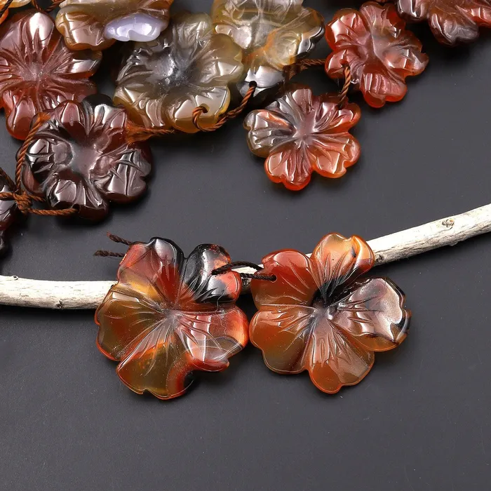 Intrinsic Trading Earrings Hand Carved Natural Dark Orange Red Carnelian Flower Earring Pair Drilled Gemstone Matched Beads