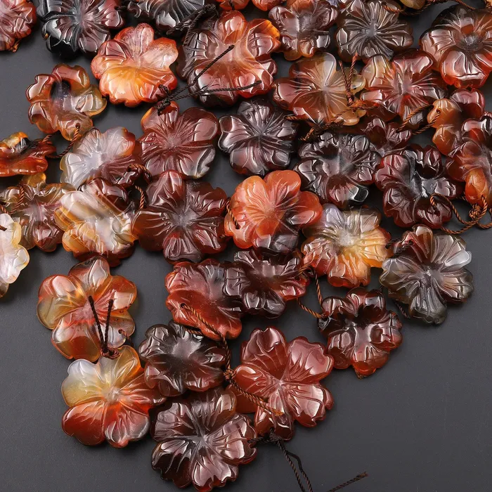 Intrinsic Trading Earrings Hand Carved Natural Dark Orange Red Carnelian Flower Earring Pair Drilled Gemstone Matched Beads