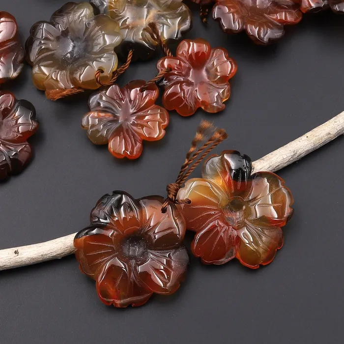 Intrinsic Trading Earrings Hand Carved Natural Dark Orange Red Carnelian Flower Earring Pair Drilled Gemstone Matched Beads