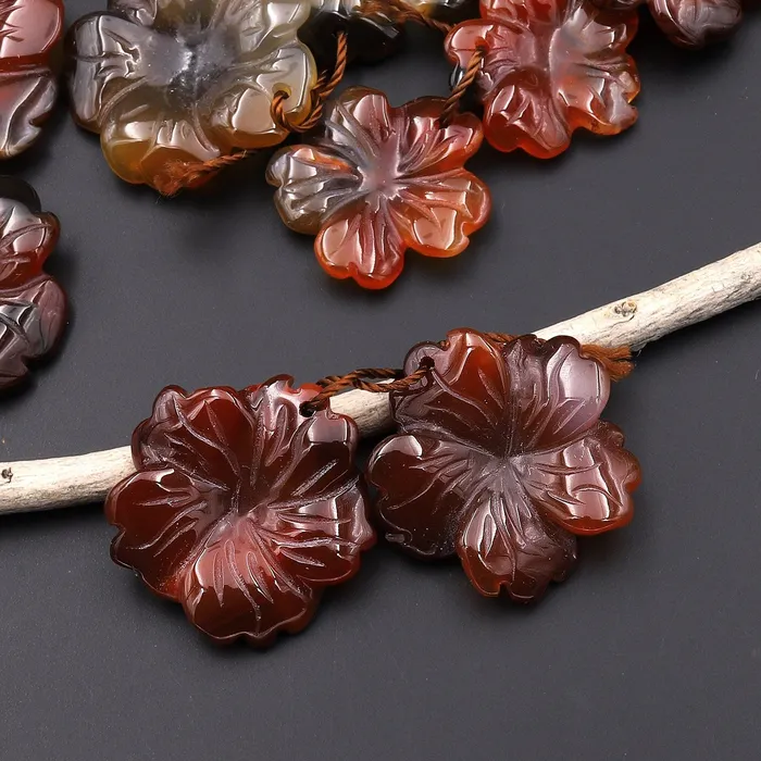 Intrinsic Trading Earrings Hand Carved Natural Dark Orange Red Carnelian Flower Earring Pair Drilled Gemstone Matched Beads