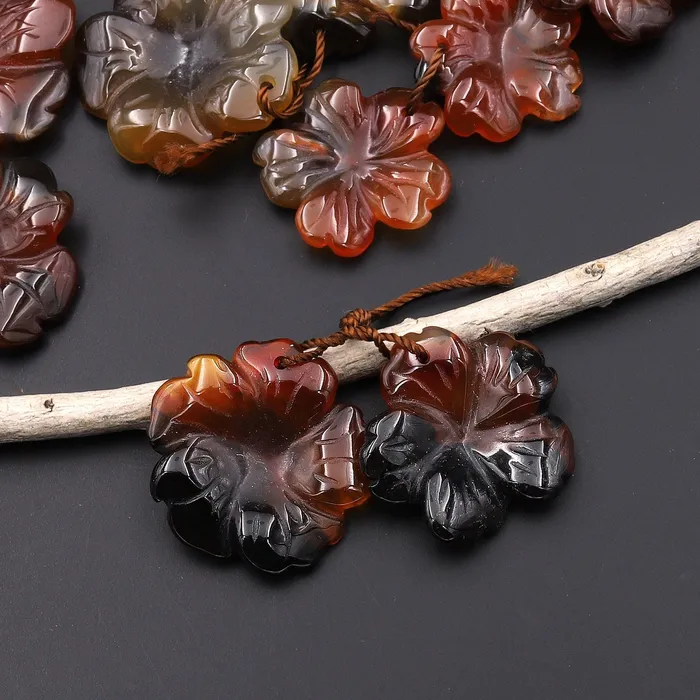 Intrinsic Trading Earrings Hand Carved Natural Dark Orange Red Carnelian Flower Earring Pair Drilled Gemstone Matched Beads