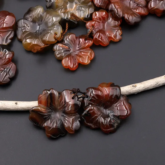 Intrinsic Trading Earrings Hand Carved Natural Dark Orange Red Carnelian Flower Earring Pair Drilled Gemstone Matched Beads