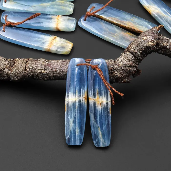 Intrinsic Trading Earrings Natural Argentina Lemurian Aquatine Blue Calcite Long Drum Rectangle Earring Matched Gemstone Bead Pair A3