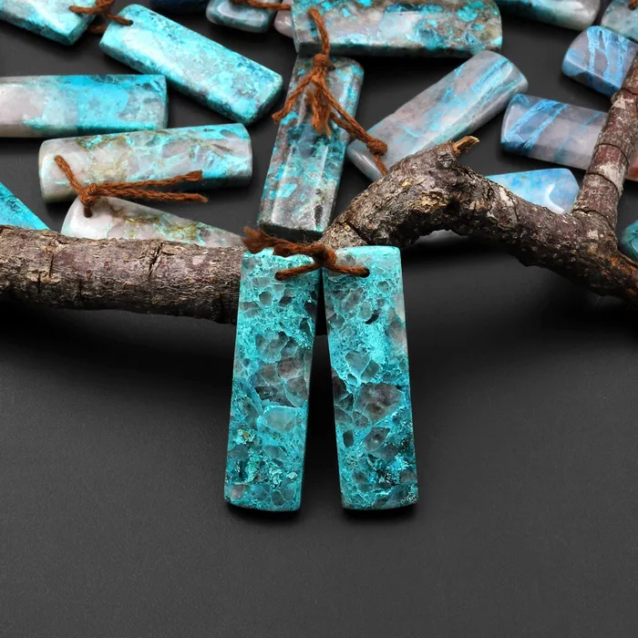 Intrinsic Trading Earrings Natural Chrysocolla in Quartz Rectangle Earring Pair Matched Gemstone Beads A2