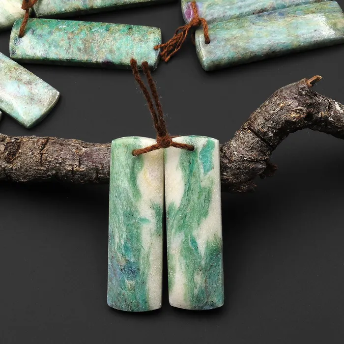 Intrinsic Trading Earrings Natural Green Fuchsite Earring Pair Rectangle Matched Gemstone Beads A3