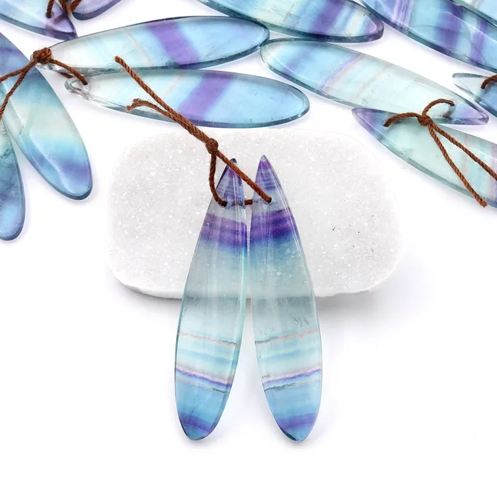 Intrinsic Trading Earrings Natural Light Purple Green Blue Fluorite Teardrop Earring Pair Drilled Gemstone Matched Beads A3
