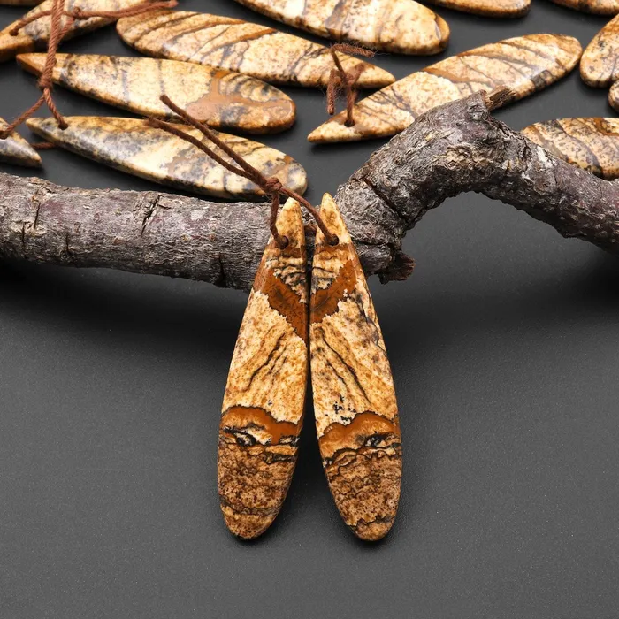 Intrinsic Trading Earrings Natural Picture Jasper Desert Jasper Earring Pair Cabochon Cab Drilled Matched Earring Pair Teardrop Stone Bead Pair A1
