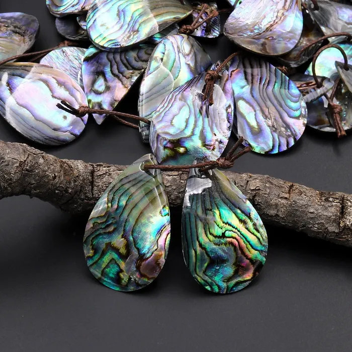 Intrinsic Trading Earrings Natural Rainbow Abalone Teardrop Earring Pair Drilled Matched Gemstone Bead Pair A3