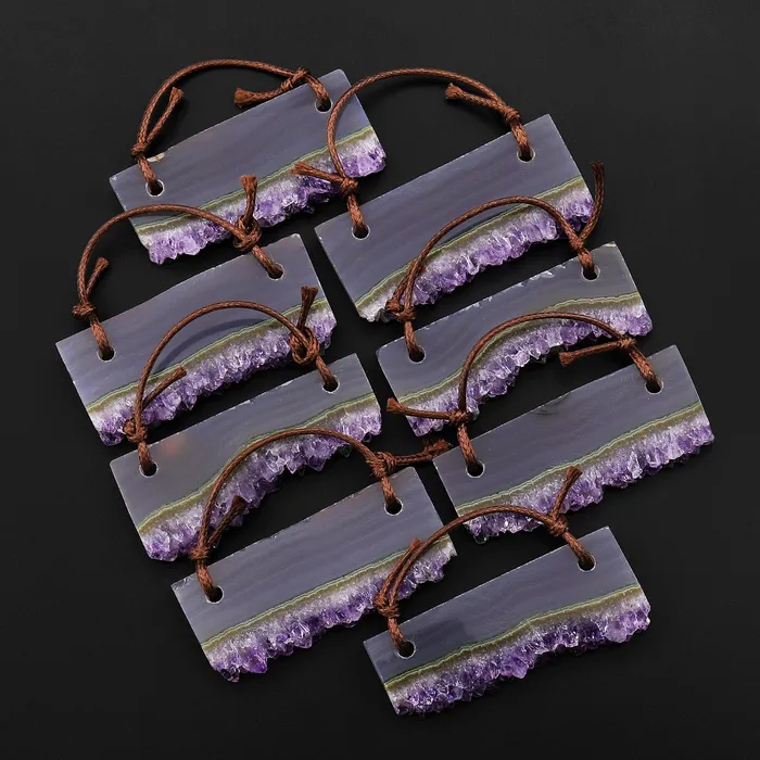 Intrinsic Trading Necklaces 2 Hole Pendant Green Ocean Wave Natural Purple Amethyst Crystal Stalactite Pendant Drilled Long Rectangle Gemstone Focal Bead
