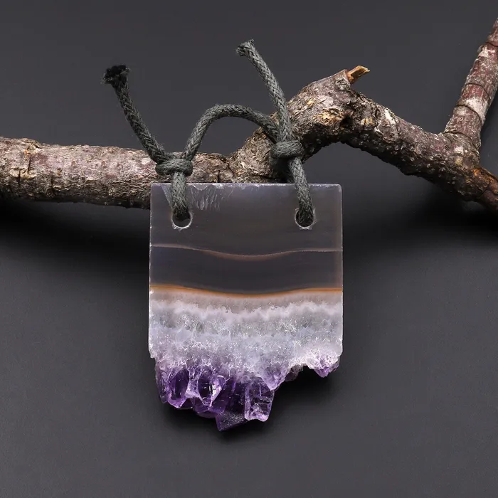 Intrinsic Trading Necklaces 2 Hole Pendant Natural Smoky Quartz White Purple Amethyst Stalactite Druzy Pendant Drilled Flat Slice Long Rectangle P0148