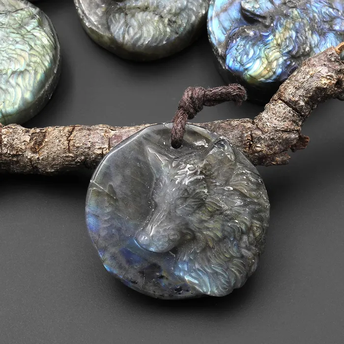 Intrinsic Trading Necklaces Hand Carved Natural Gray Labradorite Wolf Gemstone Pendant Intrinsic Trading Necklaces Hand Carved Natural Gray Labradorite Wolf Gemstone Pendant