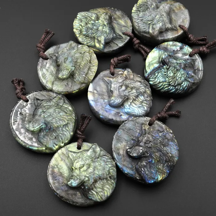 Intrinsic Trading Necklaces Hand Carved Natural Gray Labradorite Wolf Gemstone Pendant