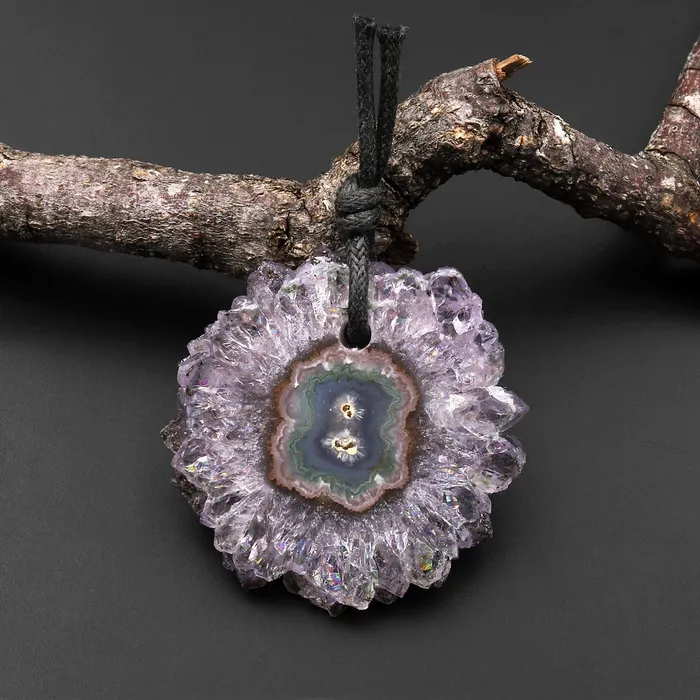 Intrinsic Trading Necklaces Natural Amethyst Stalactite Flower Pendant Flat Slice Freeform One of a Kind P0123
