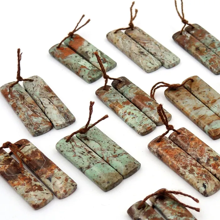 Natural African Green Opal Earring Pair Rectangle Cabochon Cab Pair Drilled Matched Gemstone Bead Pair Intrinsic Trading Earrings