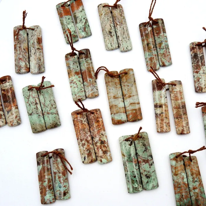 Natural African Green Opal Earring Pair Rectangle Cabochon Cab Pair Drilled Matched Gemstone Bead Pair Intrinsic Trading Earrings