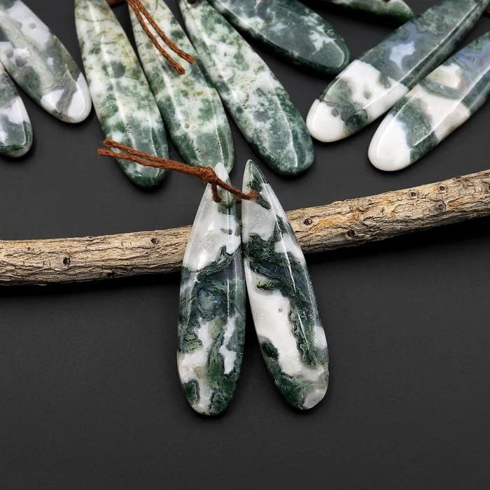 Natural Green Moss Agate Earring Pair Drilled Teardrop Cabochon Cab Pair Matched Gemstone Beads A3 Intrinsic Trading Earrings