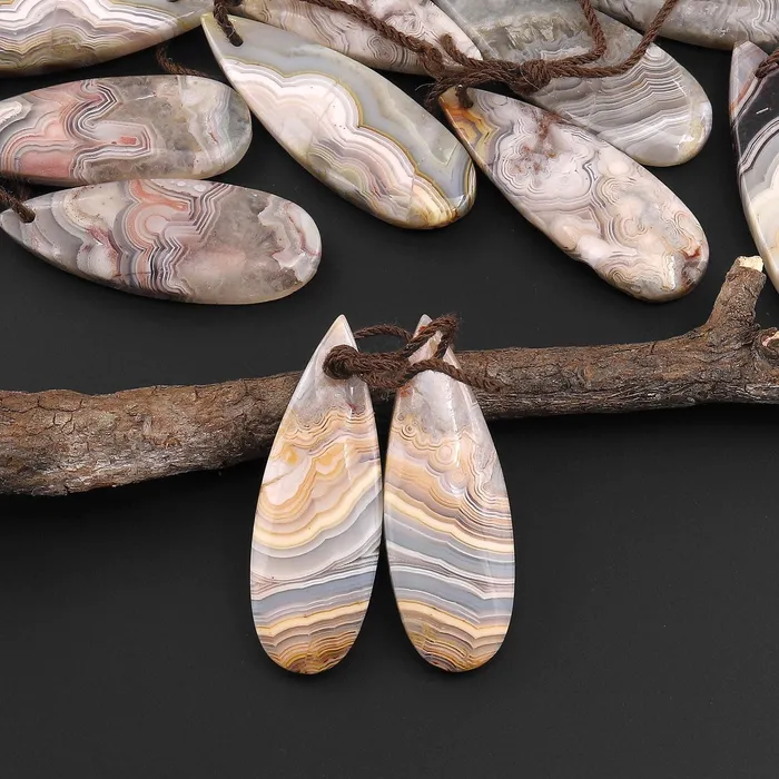 Natural Laguna Lace Agate Teardrop Earring Pair Drilled Matched Gemstone Beads A6 Intrinsic Trading Earrings