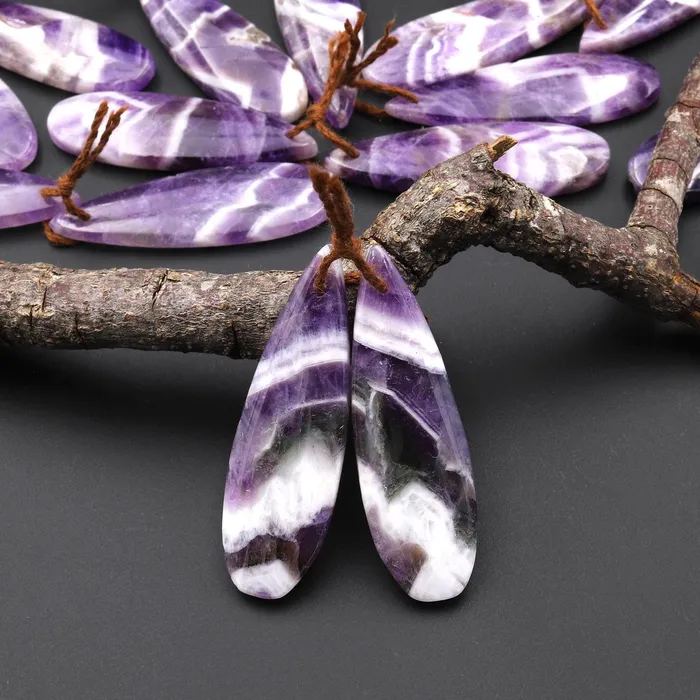Natural Purple Chevron Amethyst W White Stripes Earring Pair Teardrop Matched Gemstone Beads A6 Intrinsic Trading Earrings