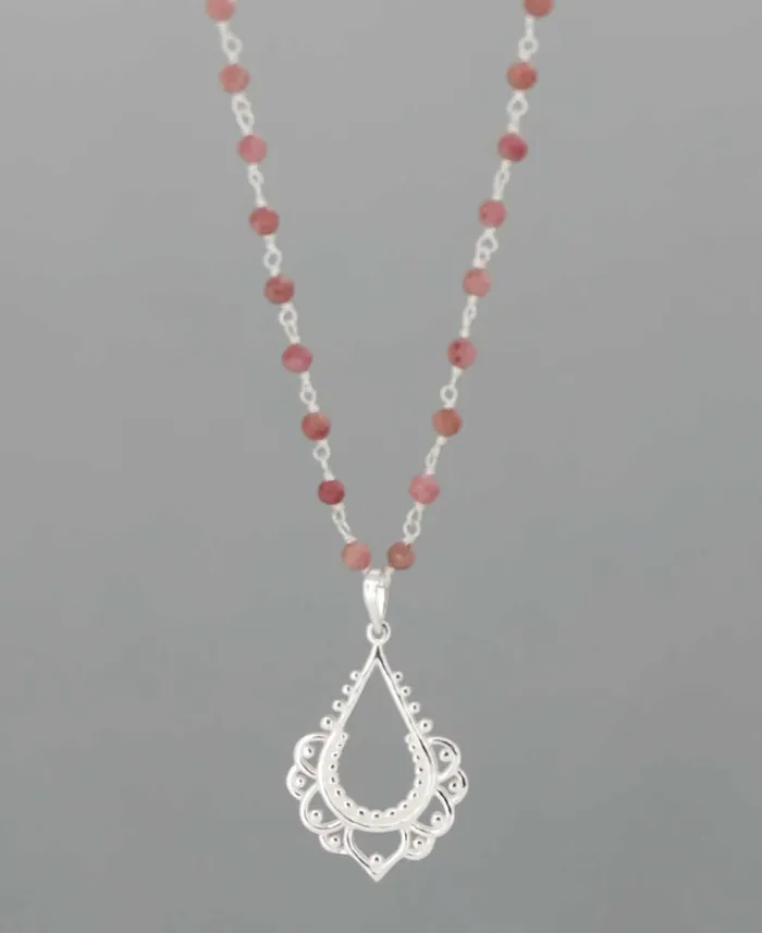 Necklaces Buddha Groove Sterling Silver Lotus and Rhodonite Bead Necklace
