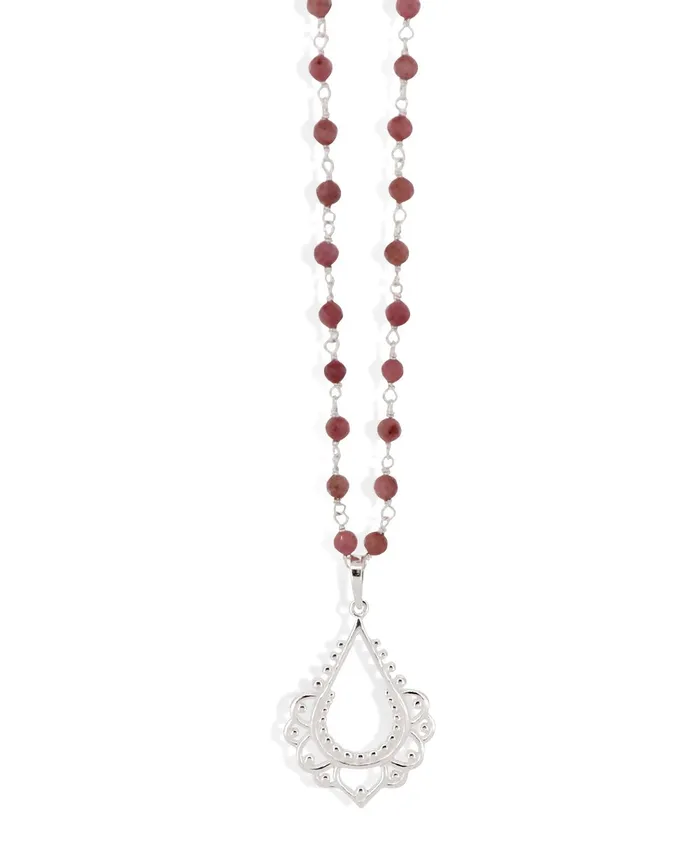 Necklaces Buddha Groove Sterling Silver Lotus and Rhodonite Bead Necklace
