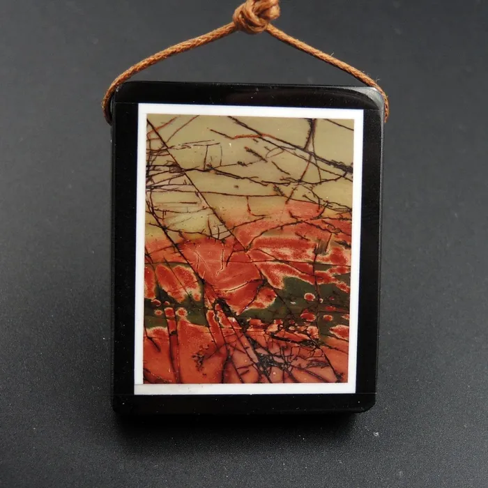 Necklaces Intarsia Pendant Natural Red Creek Jasper W Black Onyx Inlay Side Drilled Rectangle Pendant Multi Color Picasso Jasper Picture Frame P1469 Intrinsic Trading