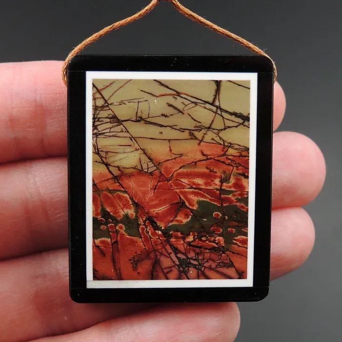 Necklaces Intarsia Pendant Natural Red Creek Jasper W Black Onyx Inlay Side Drilled Rectangle Pendant Multi Color Picasso Jasper Picture Frame P1469 Intrinsic Trading