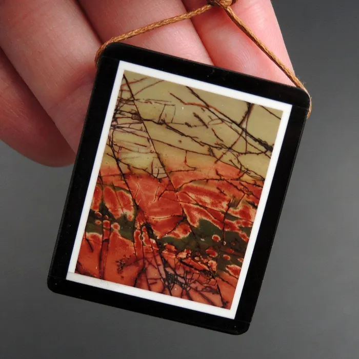 Necklaces Intarsia Pendant Natural Red Creek Jasper W Black Onyx Inlay Side Drilled Rectangle Pendant Multi Color Picasso Jasper Picture Frame P1469 Intrinsic Trading