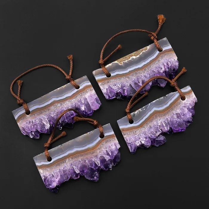 Necklaces Intrinsic Trading 2 Hole Pendant Natural Orange Brown Purple Amethyst Stalactite Druzy Pendant Drilled Flat Slice Long Rectangle