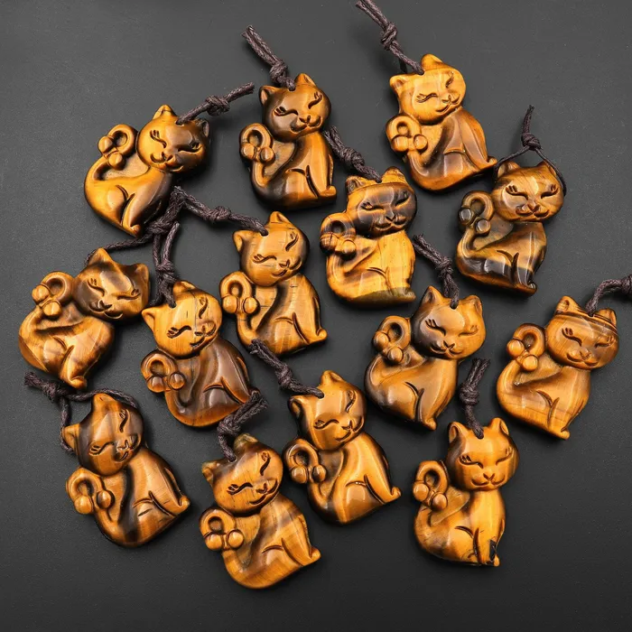 Necklaces Intrinsic Trading AAA Hand Carved Natural Golden Tigers Eye Tiger Cat Pendant Gemstone Focal Bead