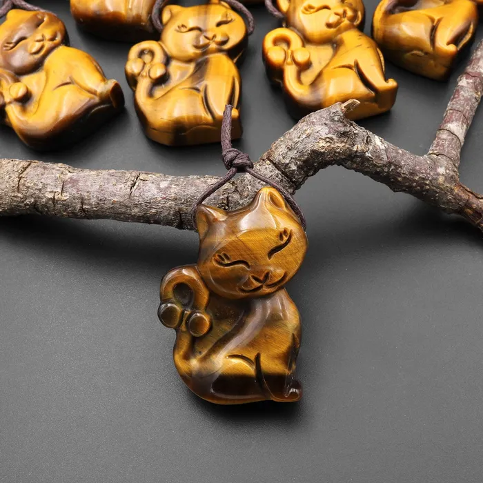 Necklaces Intrinsic Trading AAA Hand Carved Natural Golden Tigers Eye Tiger Cat Pendant Gemstone Focal Bead