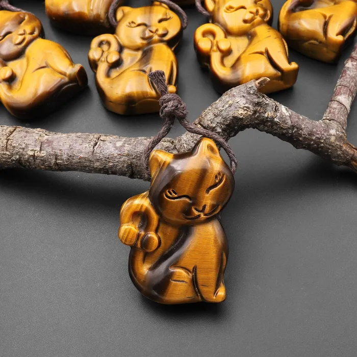 Necklaces Intrinsic Trading AAA Hand Carved Natural Golden Tigers Eye Tiger Cat Pendant Gemstone Focal Bead